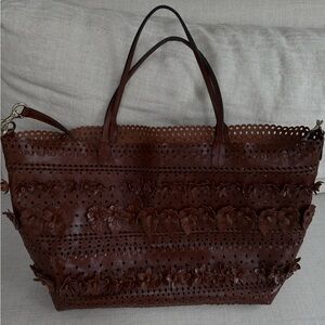 Valentino Brown Leather Floral Tote Bag